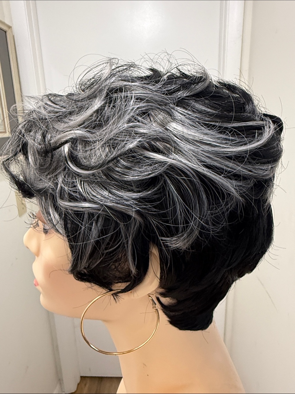 HAIR, Curly Pixie Cut, Black/Silver/Gray